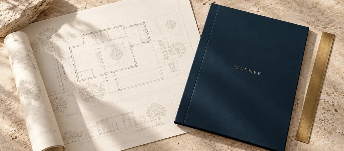 Architectural plans, a brass ruler, and a navy Mabnee folder on a stone desk
